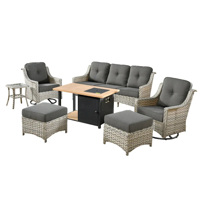 Ensemble de 7 chaises pivotantes incurvées en osier d'extérieur OVIOS avec table de feu