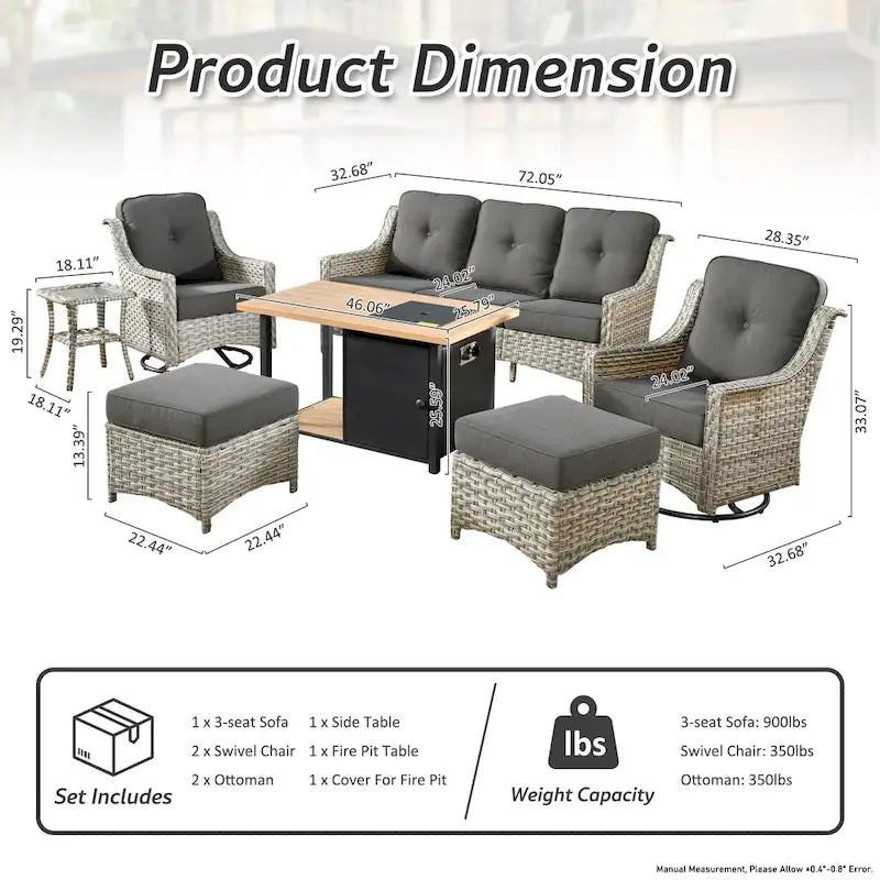 Ensemble de 7 chaises pivotantes incurvées en osier d'extérieur OVIOS avec table de feu