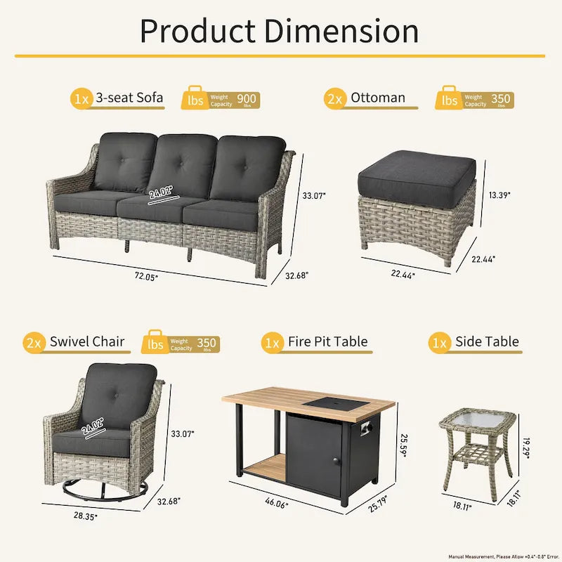 Ensemble de 7 chaises pivotantes incurvées en osier d'extérieur OVIOS avec table de feu