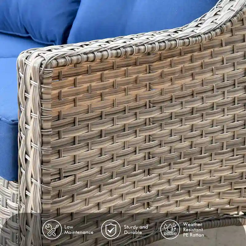 Ensemble de 7 chaises pivotantes incurvées en osier d'extérieur OVIOS avec table de feu