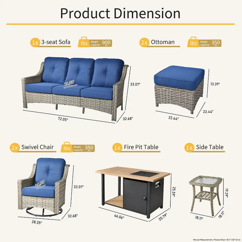 Ensemble de 7 chaises pivotantes incurvées en osier d'extérieur OVIOS avec table de feu