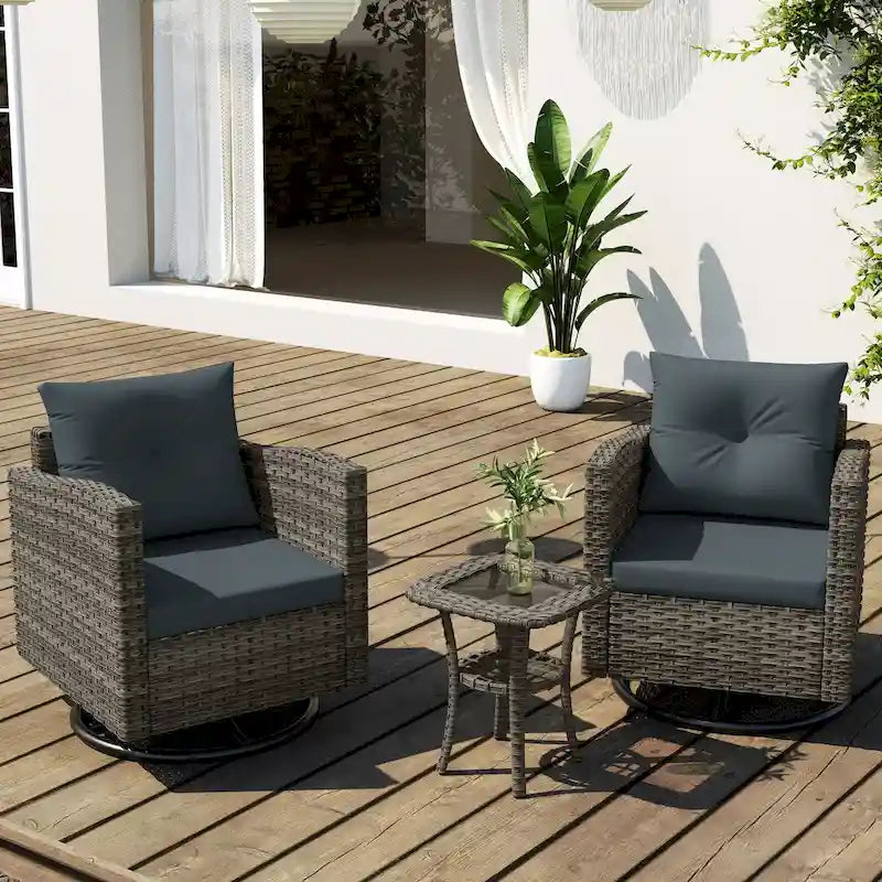Ensemble de conversation extérieur 3 pièces avec fauteuil pivotant et coussins en rotin.