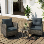Ensemble de conversation extérieur 3 pièces avec fauteuil pivotant et coussins en rotin.