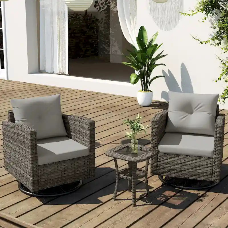 Ensemble de conversation extérieur 3 pièces avec fauteuil pivotant et coussins en rotin.
