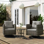 Ensemble de conversation extérieur 3 pièces avec fauteuil pivotant et coussins en rotin.