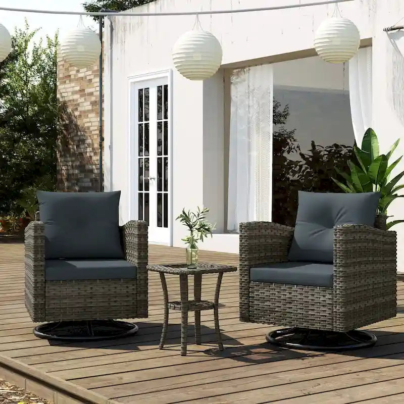 Ensemble de conversation extérieur 3 pièces avec fauteuil pivotant et coussins en rotin.