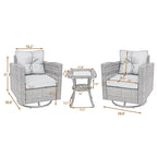 Ensemble de conversation extérieur 3 pièces avec fauteuil pivotant et coussins en rotin.