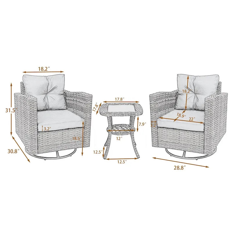 Ensemble de conversation extérieur 3 pièces avec fauteuil pivotant et coussins en rotin.