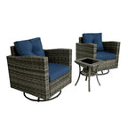 Ensemble de conversation extérieur 3 pièces avec fauteuil pivotant et coussins en rotin.