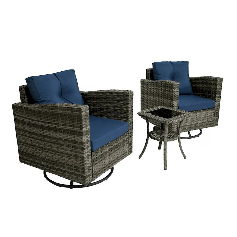 Ensemble de conversation extérieur 3 pièces avec fauteuil pivotant et coussins en rotin.