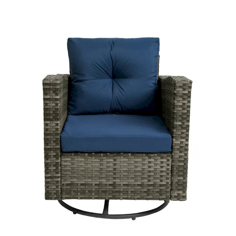 Ensemble de conversation extérieur 3 pièces avec fauteuil pivotant et coussins en rotin.