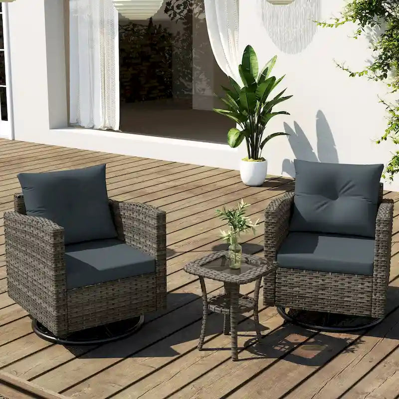 Ensemble de conversation extérieur 3 pièces avec fauteuil pivotant et coussins en rotin.