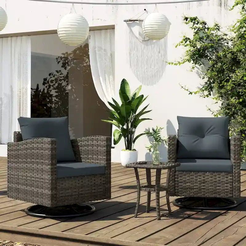 Ensemble de conversation extérieur 3 pièces avec fauteuil pivotant et coussins en rotin.