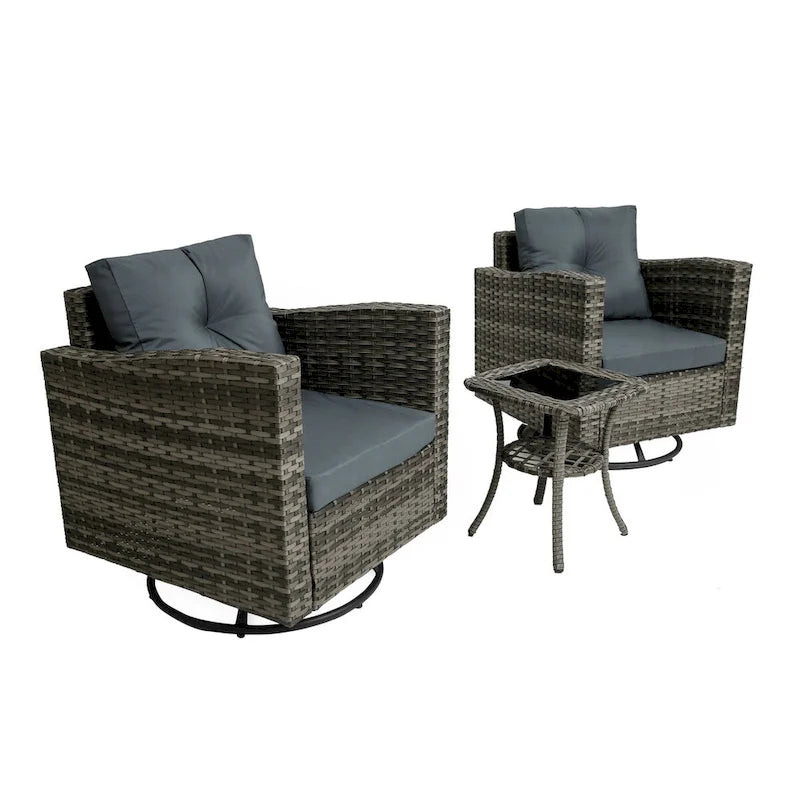 Ensemble de conversation extérieur 3 pièces avec fauteuil pivotant et coussins en rotin.