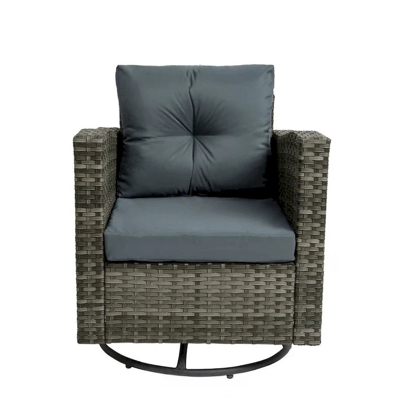 Ensemble de conversation extérieur 3 pièces avec fauteuil pivotant et coussins en rotin.