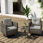 Ensemble de conversation extérieur 3 pièces avec fauteuil pivotant et coussins en rotin.