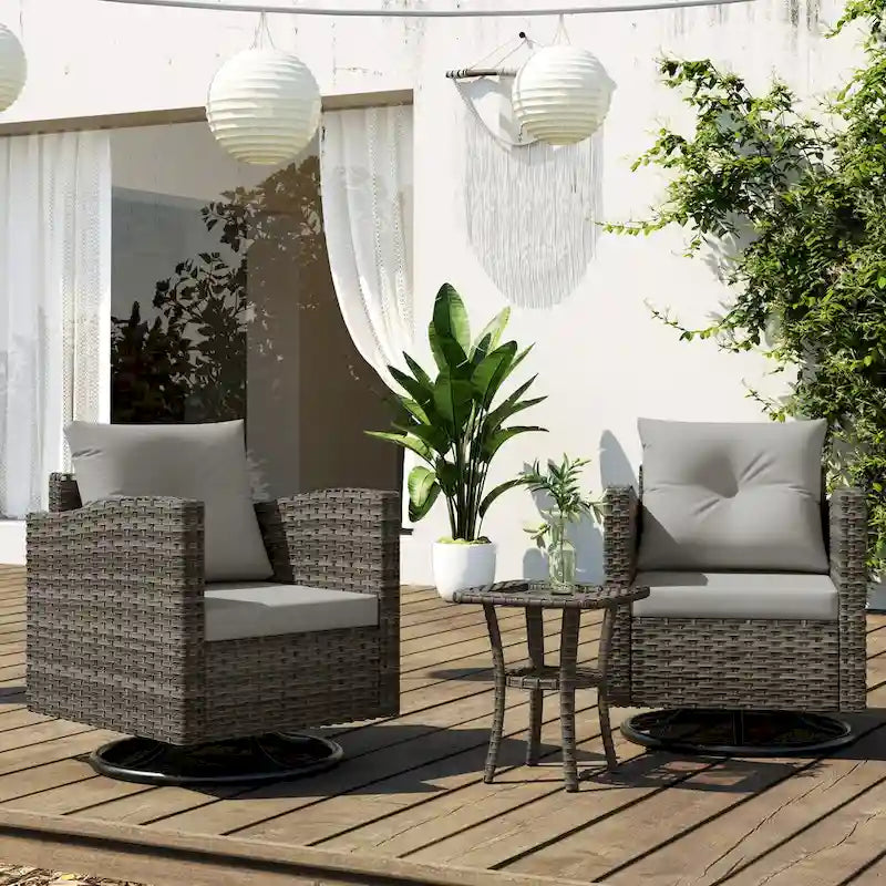 Ensemble de conversation extérieur 3 pièces avec fauteuil pivotant et coussins en rotin.