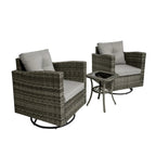 Ensemble de conversation extérieur 3 pièces avec fauteuil pivotant et coussins en rotin.