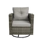 Ensemble de conversation extérieur 3 pièces avec fauteuil pivotant et coussins en rotin.