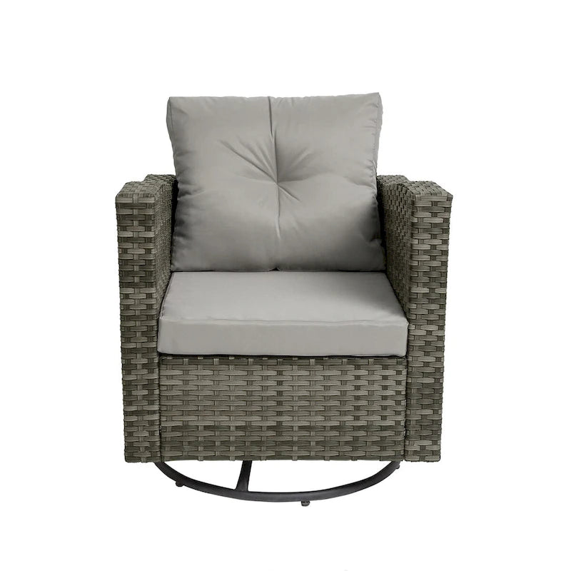 Ensemble de conversation extérieur 3 pièces avec fauteuil pivotant et coussins en rotin.