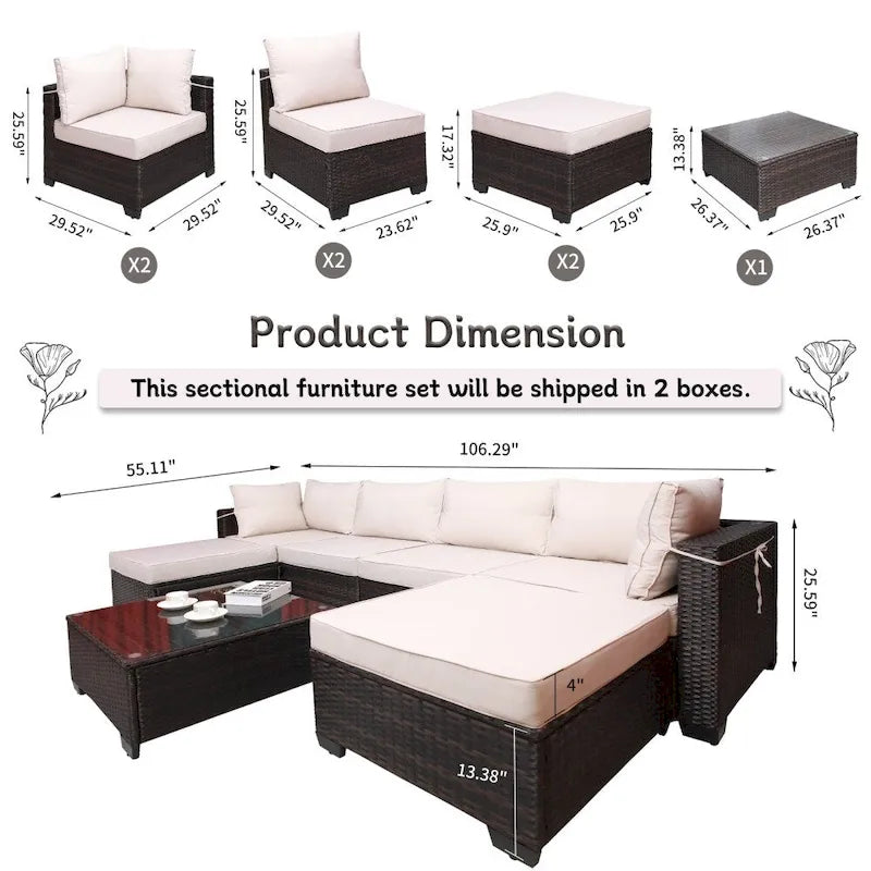 Ensemble de canapés 7 pièces en rotin tressé avec coussins et table basse