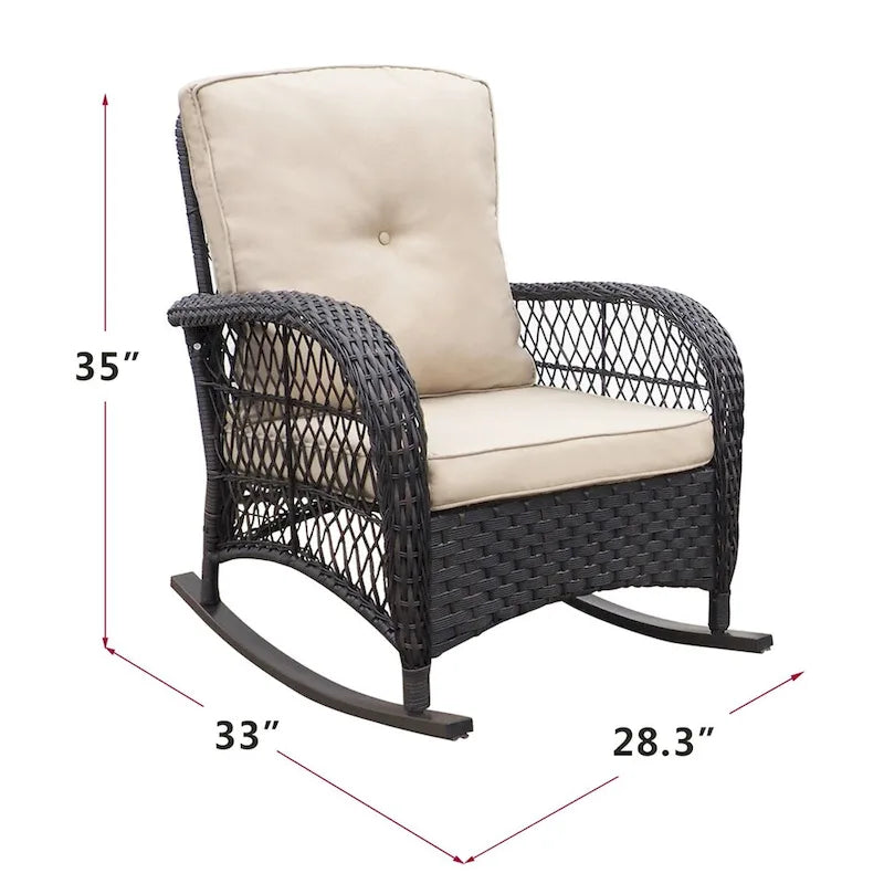 Fauteuil à bascule d'extérieur en rotin avec coussin et structure en métal thermolaqué