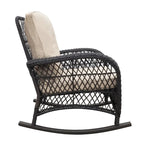 Fauteuil à bascule d'extérieur en rotin avec coussin et structure en métal thermolaqué