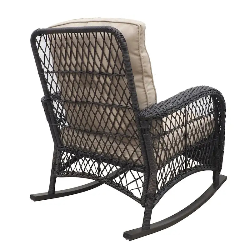Fauteuil à bascule d'extérieur en rotin avec coussin et structure en métal thermolaqué
