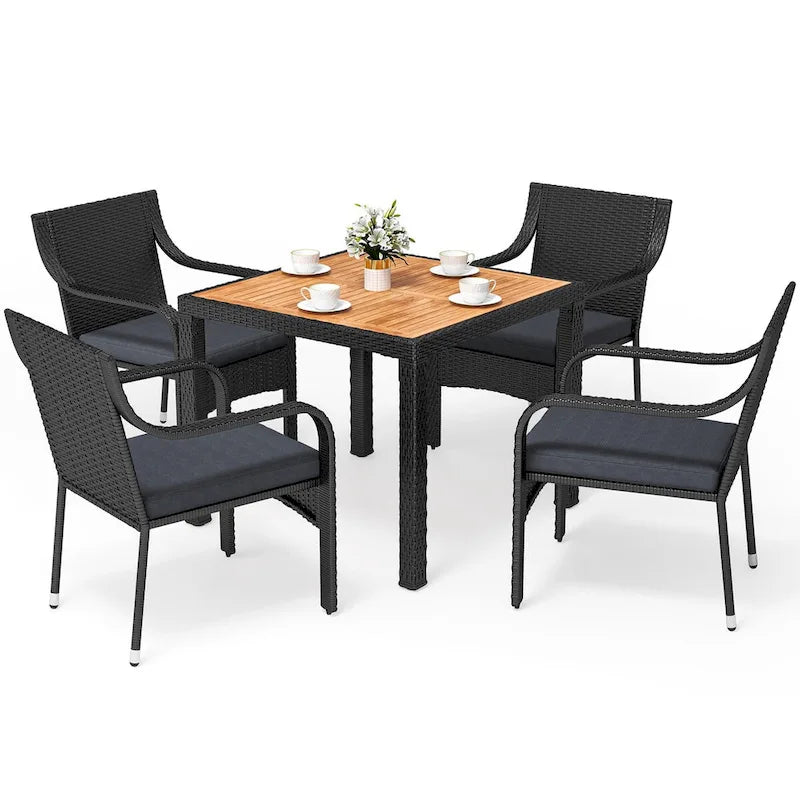 Ensemble de salle à manger d'extérieur Moasis 5 pièces, mobilier de conversation en rotin, plateau en bois - 5 pièces