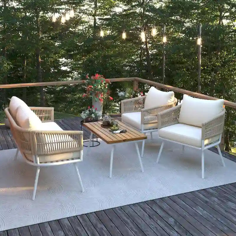 4-Piece Patio Furniture Set, Outdoor Furniture with Acacia Wood Table, Patio Conversation Set with Deep Seating & Thick Cushion