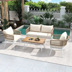 Ensemble de mobilier de patio 4 pièces, mobilier d'extérieur avec table en bois d'acacia, ensemble de conversation pour patio avec sièges profonds et coussins épais