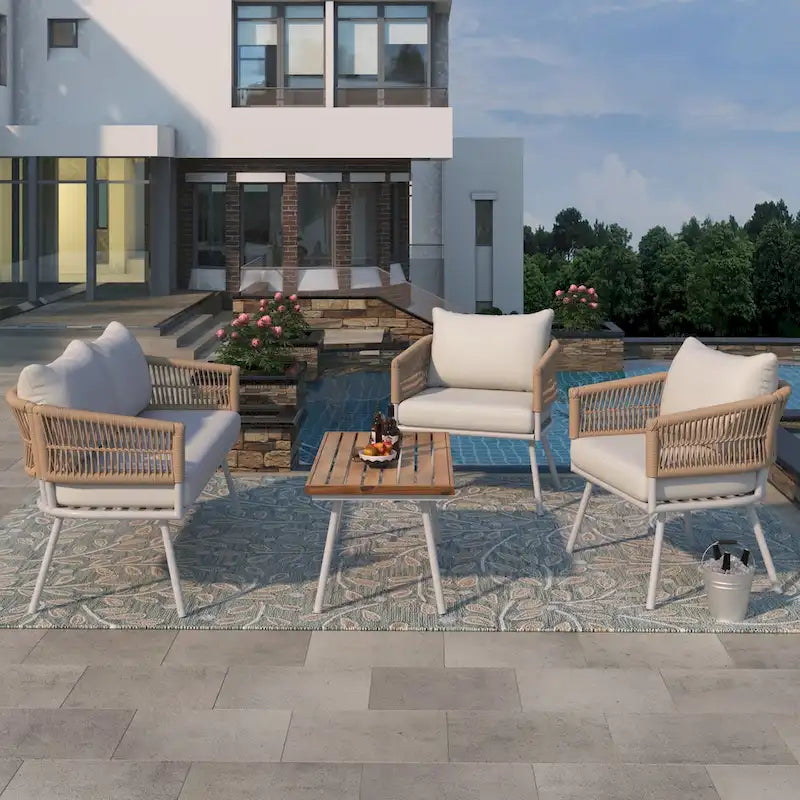 Ensemble de mobilier de patio 4 pièces, mobilier d'extérieur avec table en bois d'acacia, ensemble de conversation pour patio avec sièges profonds et coussins épais