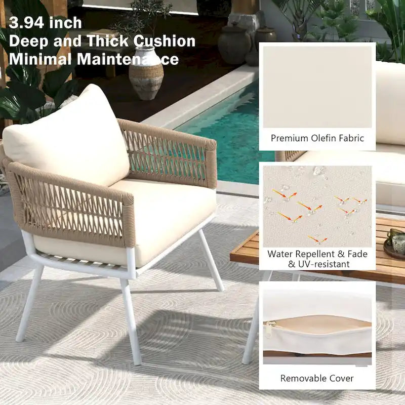 Ensemble de mobilier de patio 4 pièces, mobilier d'extérieur avec table en bois d'acacia, ensemble de conversation pour patio avec sièges profonds et coussins épais