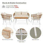 Ensemble de mobilier de patio 4 pièces, mobilier d'extérieur avec table en bois d'acacia, ensemble de conversation pour patio avec sièges profonds et coussins épais
