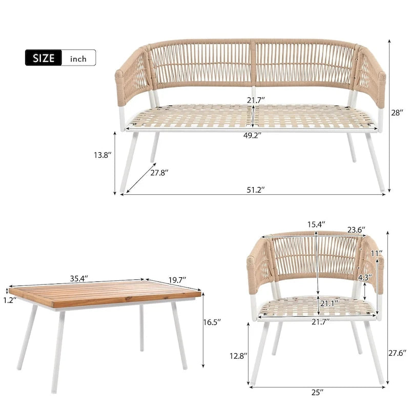Ensemble de mobilier de patio 4 pièces, mobilier d'extérieur avec table en bois d'acacia, ensemble de conversation pour patio avec sièges profonds et coussins épais