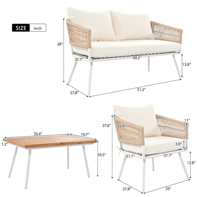 Ensemble de mobilier de patio 4 pièces, mobilier d'extérieur avec table en bois d'acacia, ensemble de conversation pour patio avec sièges profonds et coussins épais