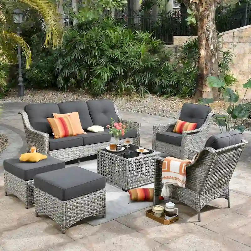Ensemble de jardin en résine tressée OVIOS 6 pièces avec table à énergie solaire