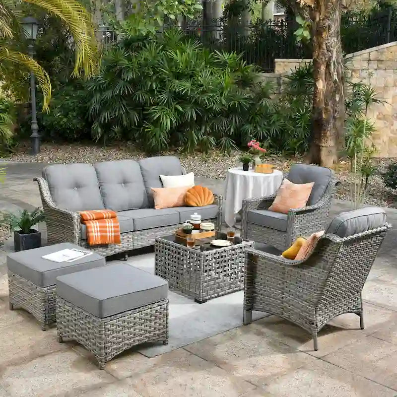 Ensemble de jardin en résine tressée OVIOS 6 pièces avec table à énergie solaire