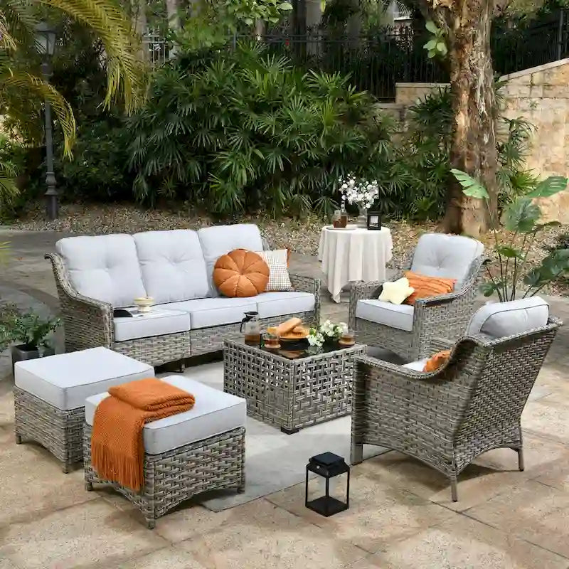 Ensemble de jardin en résine tressée OVIOS 6 pièces avec table à énergie solaire