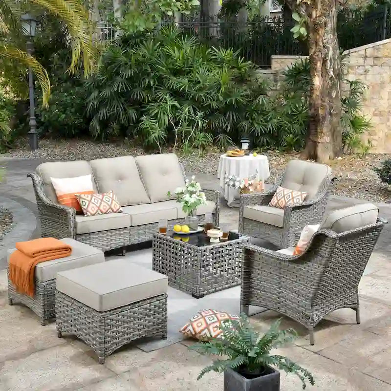 Ensemble de jardin en résine tressée OVIOS 6 pièces avec table à énergie solaire
