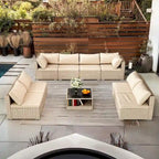 Ensemble de mobilier de patio 9 pièces, canapé d'angle de style bohème résistant aux intempéries avec coussins épais imperméables