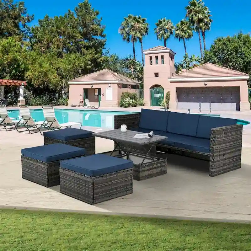 Ensemble de 5 meubles en osier, mobilier de patio, mobilier saisonnier en résine tressée PE