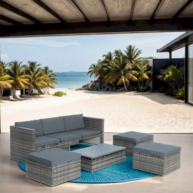 Ensemble de 5 meubles en osier, mobilier de patio, mobilier saisonnier en résine tressée PE