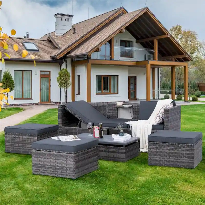 Ensemble de 5 meubles en osier, mobilier de patio, mobilier saisonnier en résine tressée PE